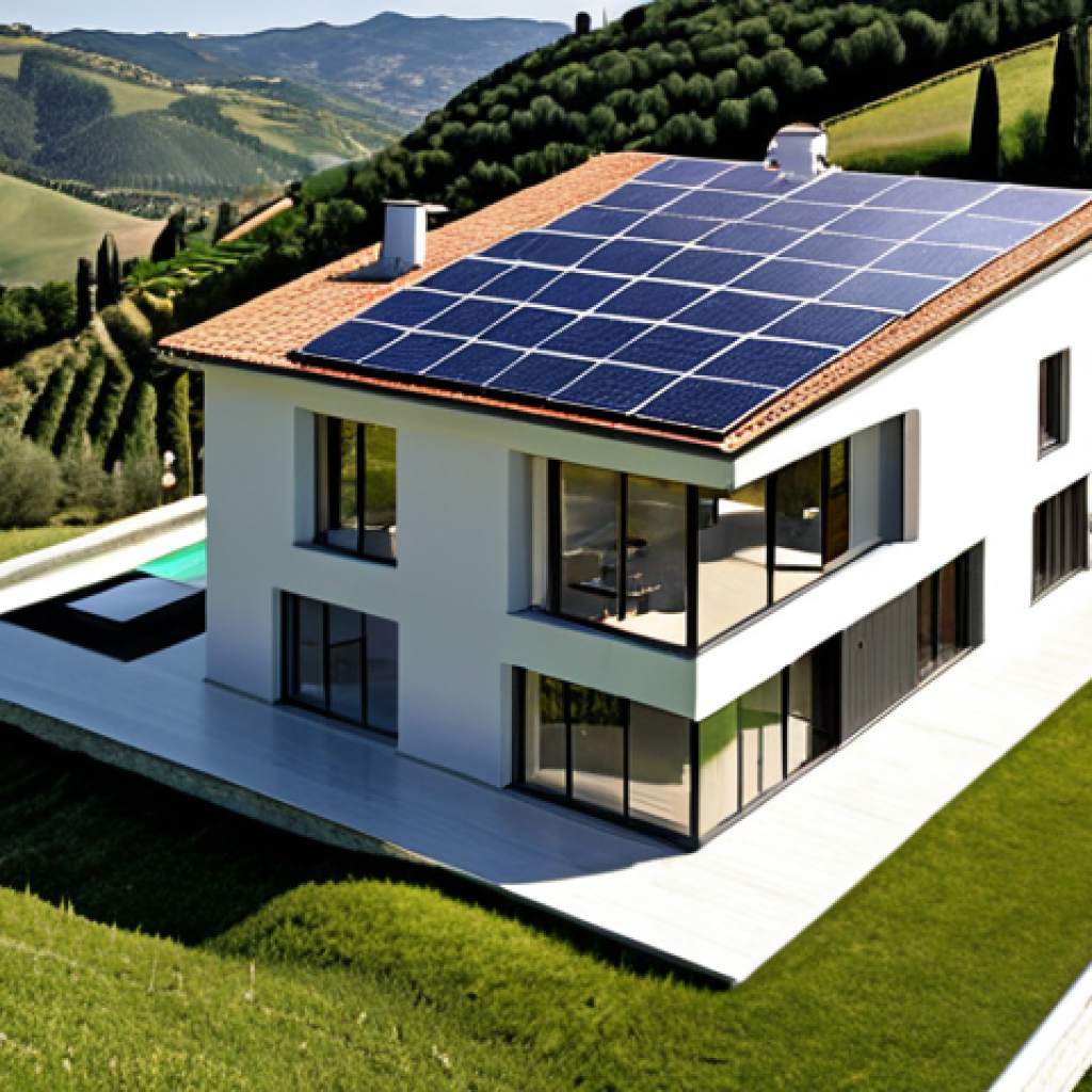 **

A modern Italian villa with seamlessly integrated solar panels on the roof, blending with the architectural design. Show a warm, sunny day in Tuscany, with rolling hills in the background. Emphasize the clean lines and aesthetic appeal of the solar panel integration, making it almost invisible to the naked eye. Capture the feeling of sustainable living and energy independence.

**