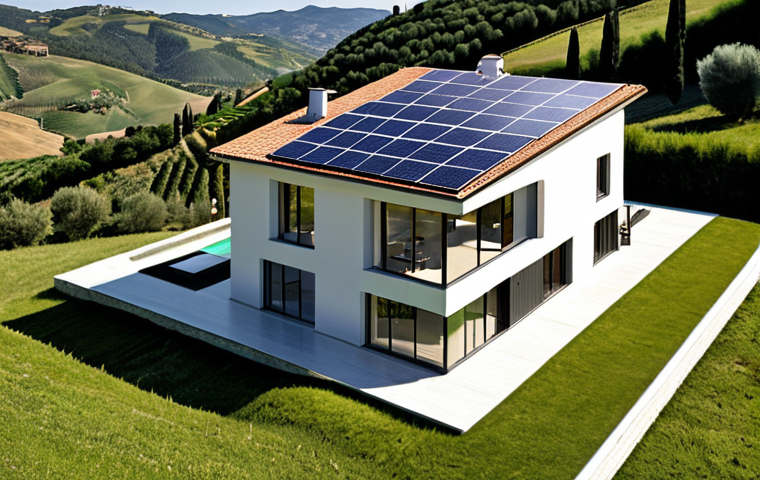 **
A modern Italian villa with seamlessly integrated solar panels on the roof, blending with the architectural design. Show a warm, sunny day in Tuscany, with rolling hills in the background. Emphasize the clean lines and aesthetic appeal of the solar panel integration, making it almost invisible to the naked eye. Capture the feeling of sustainable living and energy independence.
**