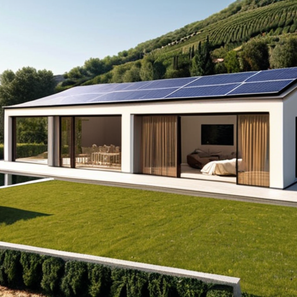 **Prompt:** A sleek, modern Italian villa designed as a positive energy building, featuring advanced integrated solar panels and smart home technology. Energy flows visibly from the house into a surrounding smart grid, depicted with subtle digital lines or light. Emphasize sustainable materials, efficient design, and a serene, sunlit atmosphere in an Italian landscape. The architecture should be contemporary yet harmonious with traditional Italian aesthetics.