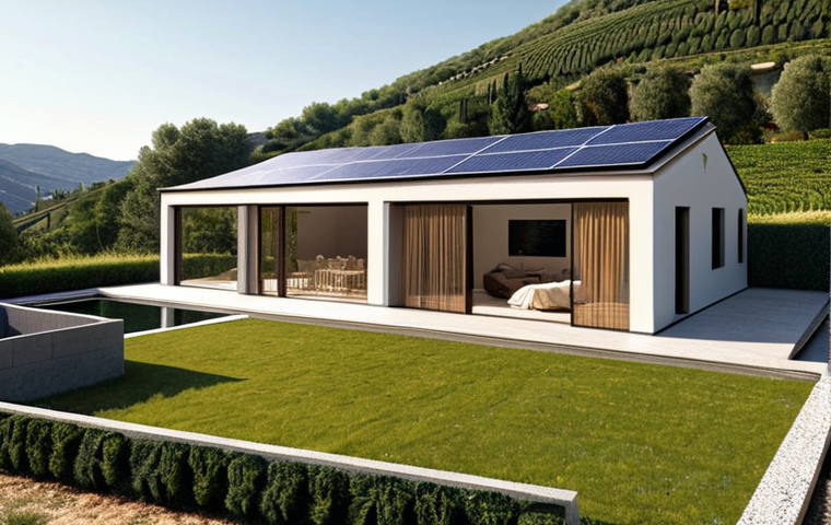 **Prompt:** A sleek, modern Italian villa designed as a positive energy building, featuring advanced integrated solar panels and smart home technology. Energy flows visibly from the house into a surrounding smart grid, depicted with subtle digital lines or light. Emphasize sustainable materials, efficient design, and a serene, sunlit atmosphere in an Italian landscape. The architecture should be contemporary yet harmonious with traditional Italian aesthetics.