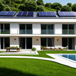 Home 10 Modern Positive Energy Home Exterior**
"A modern Italian-style villa with integrated solar panels on the roof, surrounded by a lush green garden, fully clothed people enjoying the outdoor space, appropriate content, safe for work, perfect anatomy, correct proportions, natural lighting, daytime, professional architectural photography, high quality, modest design."
**