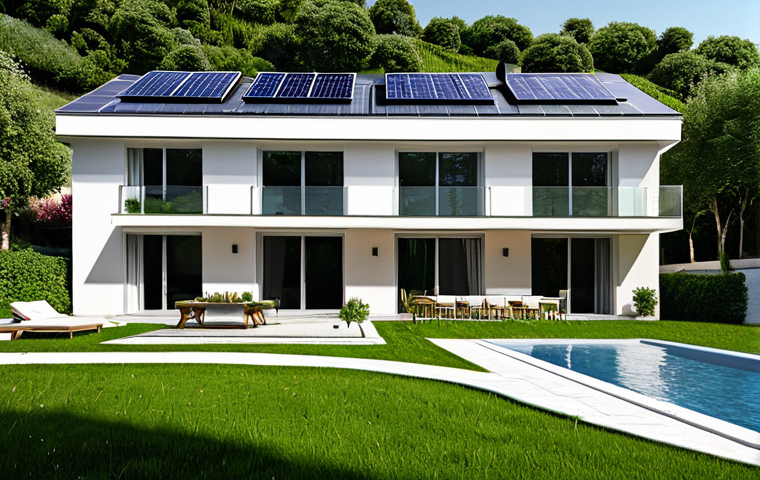 Modern Positive Energy Home Exterior**
"A modern Italian-style villa with integrated solar panels on the roof, surrounded by a lush green garden, fully clothed people enjoying the outdoor space, appropriate content, safe for work, perfect anatomy, correct proportions, natural lighting, daytime, professional architectural photography, high quality, modest design."
**