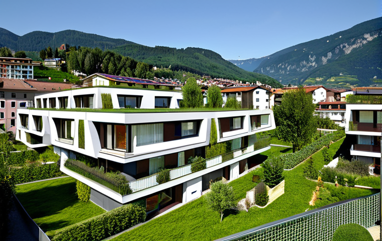 Positive Energy Eco-Neighborhood**
"A modern eco-neighborhood in Bolzano, Italy, showcasing houses with solar panels seamlessly integrated into the rooftops and facades. Visible are vertical gardens and ample greenery. Ensure the lighting is bright and optimistic. Emphasis on clean lines, sustainable materials, and a family-friendly atmosphere. Focus on perfect architecture, correct proportions, and professional architectural rendering. Safe for work, appropriate content, fully clothed people visible enjoying the space, professional, family-friendly."
**