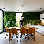 Home 8 "A modern Italian family enjoys their fully-clothed breakfast in a sun-drenched kitchen with a vertical garden wall. The home features natural materials like wood and stone. Safe for work, appropriate content, fully clothed, perfect anatomy, natural proportions, professional, high quality, interior design photography, family-friendly."