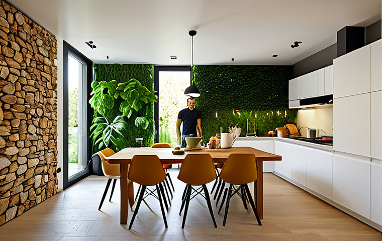 "A modern Italian family enjoys their fully-clothed breakfast in a sun-drenched kitchen with a vertical garden wall. The home features natural materials like wood and stone. Safe for work, appropriate content, fully clothed, perfect anatomy, natural proportions, professional, high quality, interior design photography, family-friendly."