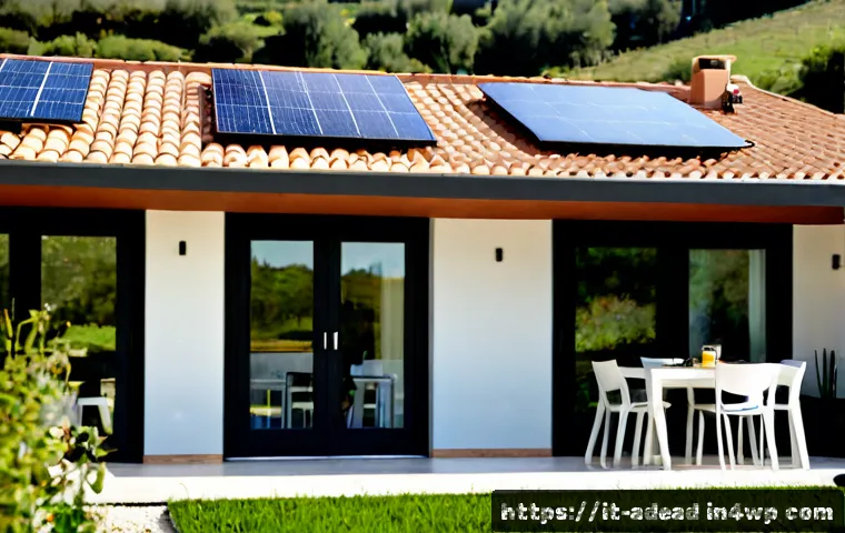 에너지 포지티브 건축과 지속 가능한 생활양식 - Photorealistic modern energy-positive home in the Italian countryside, terracotta roof fitted with s...