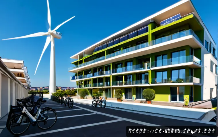 에너지 포지티브 건축 인증 제도 - Photorealistic exterior of a modern energy-positive apartment building in a sunny Italian city, roof...