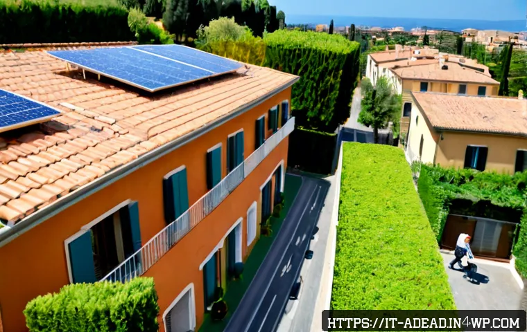 Home 17 에너지 포지티브 건축의 기후 위기 대응 가능성 - Photorealistic wide-angle view of an energy-positive apartment building in a sunny Italian city, ter...
